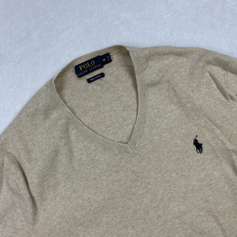Polo Ralph Lauren Pullover Mens M Beige V-Neck Cotton Lightweight Logo Classic